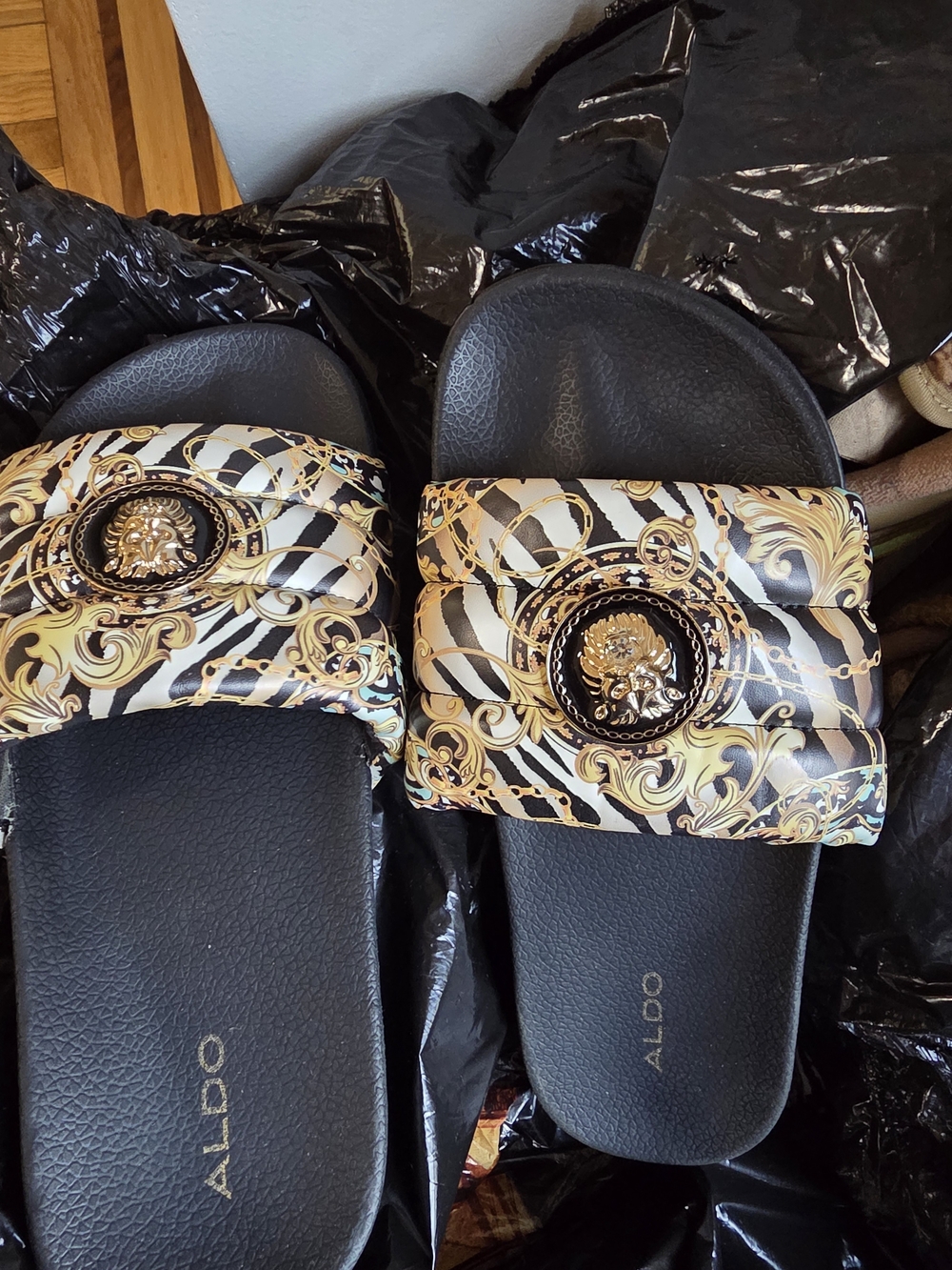 ALDO Black Slide Sandals with Gold and Cream Baroque Straps
